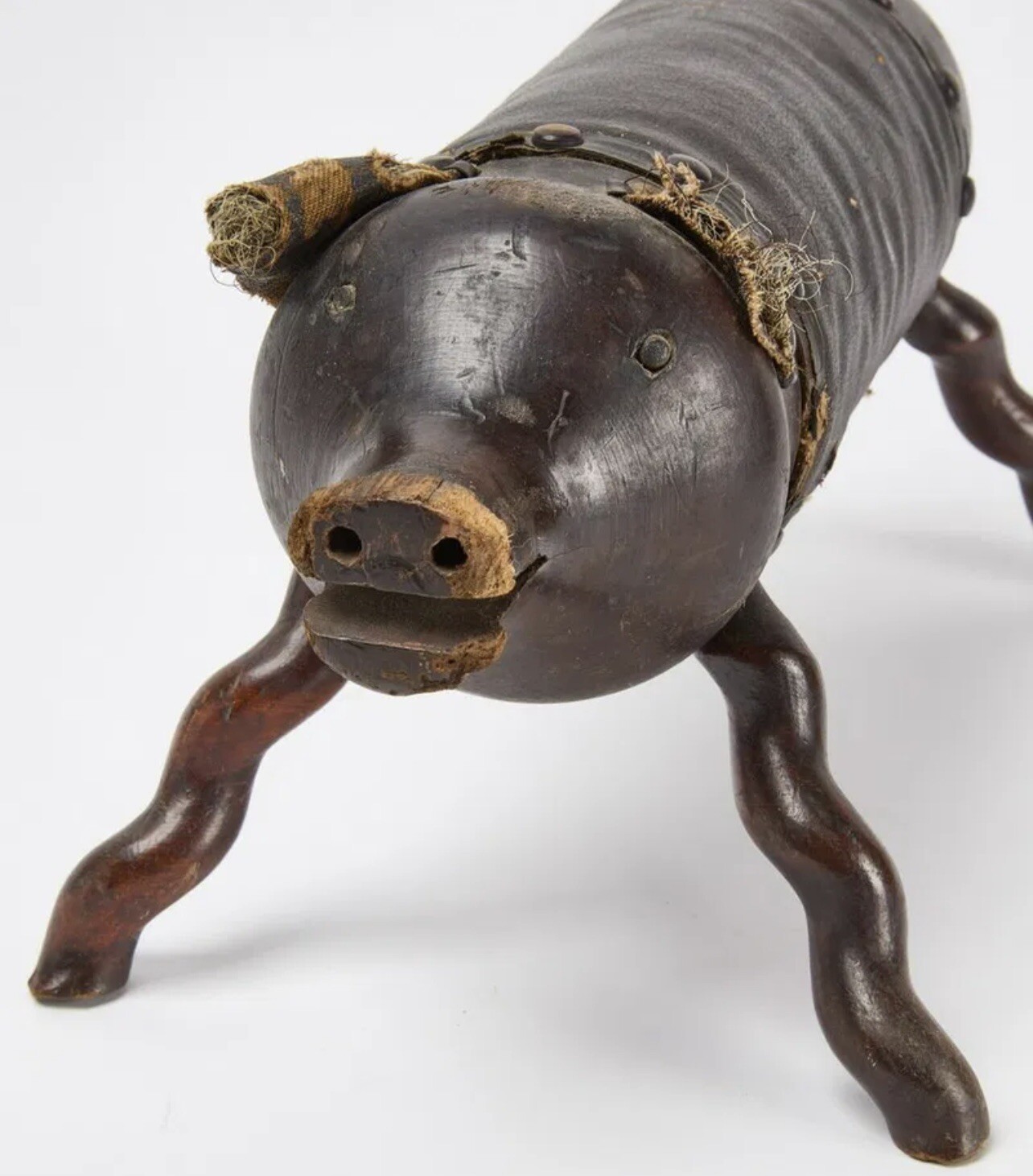 Antique 1888 Figural Pig Footrest Foot Stool Folk Art Wood Leather Moses Ransom