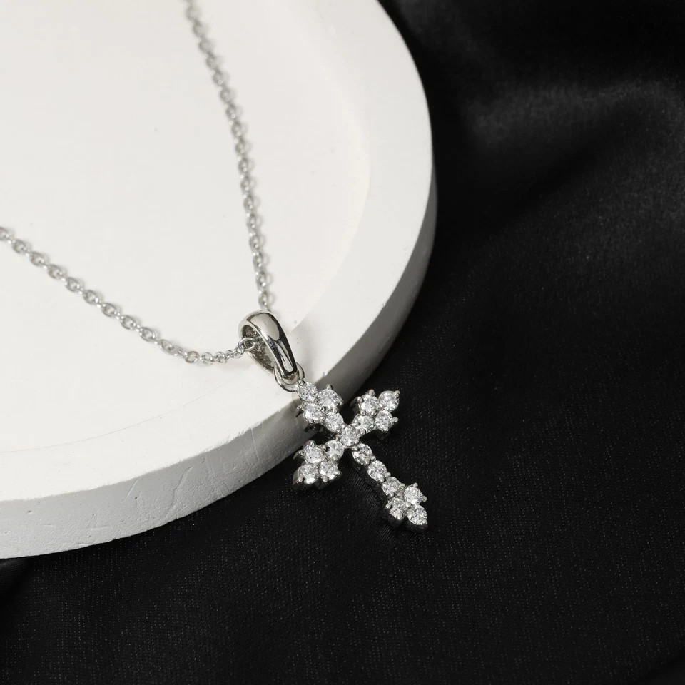 14k White Gold Plated 2Ct Round Cut Lab-Created Diamond Women’s Cross Pendant