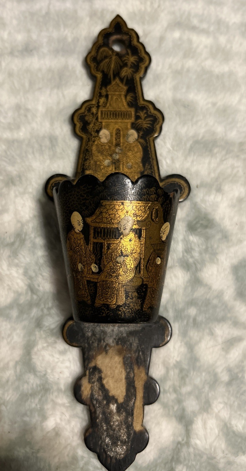 Vintage English Victorian Chinoiserie Black Lacquer Match Striker