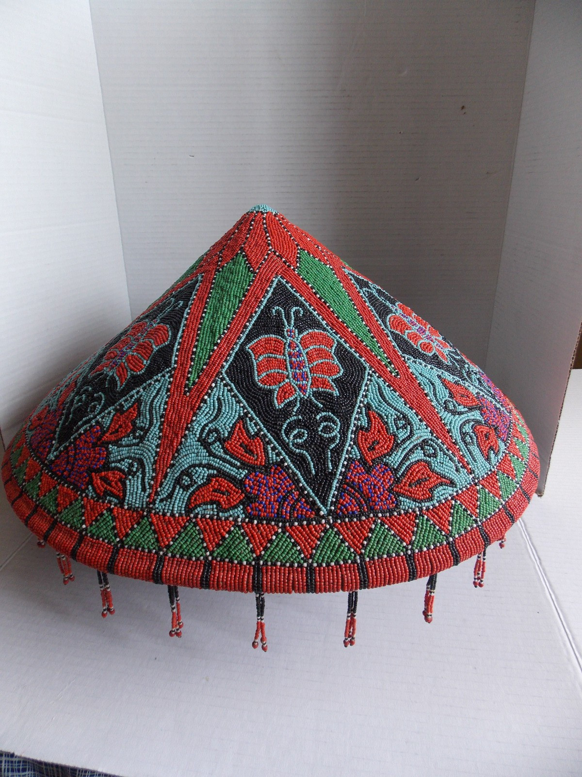 Vintage Ceremonial Conical Beaded Sumatra Indonesia Bali Ceremonial Hat 18″ dia