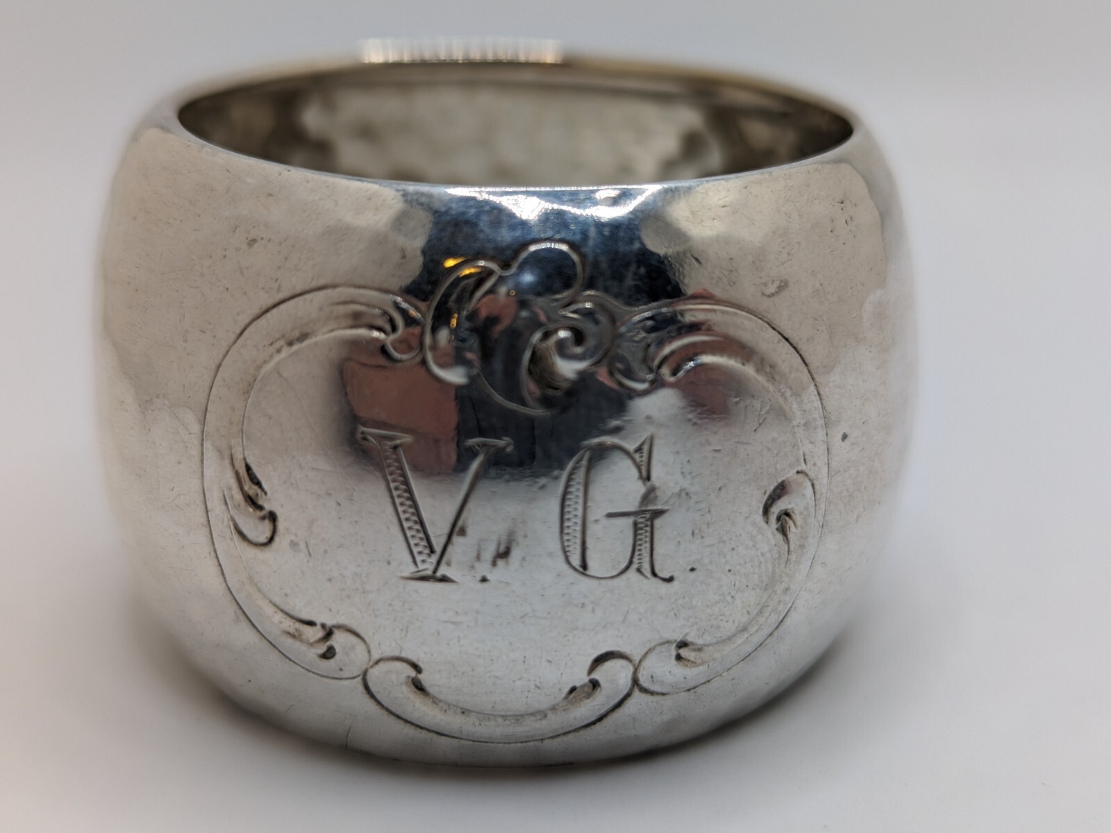 Antique Danish Arts & Crafts Sterling Silver Napkin Ring “VG” initials, d. 1907