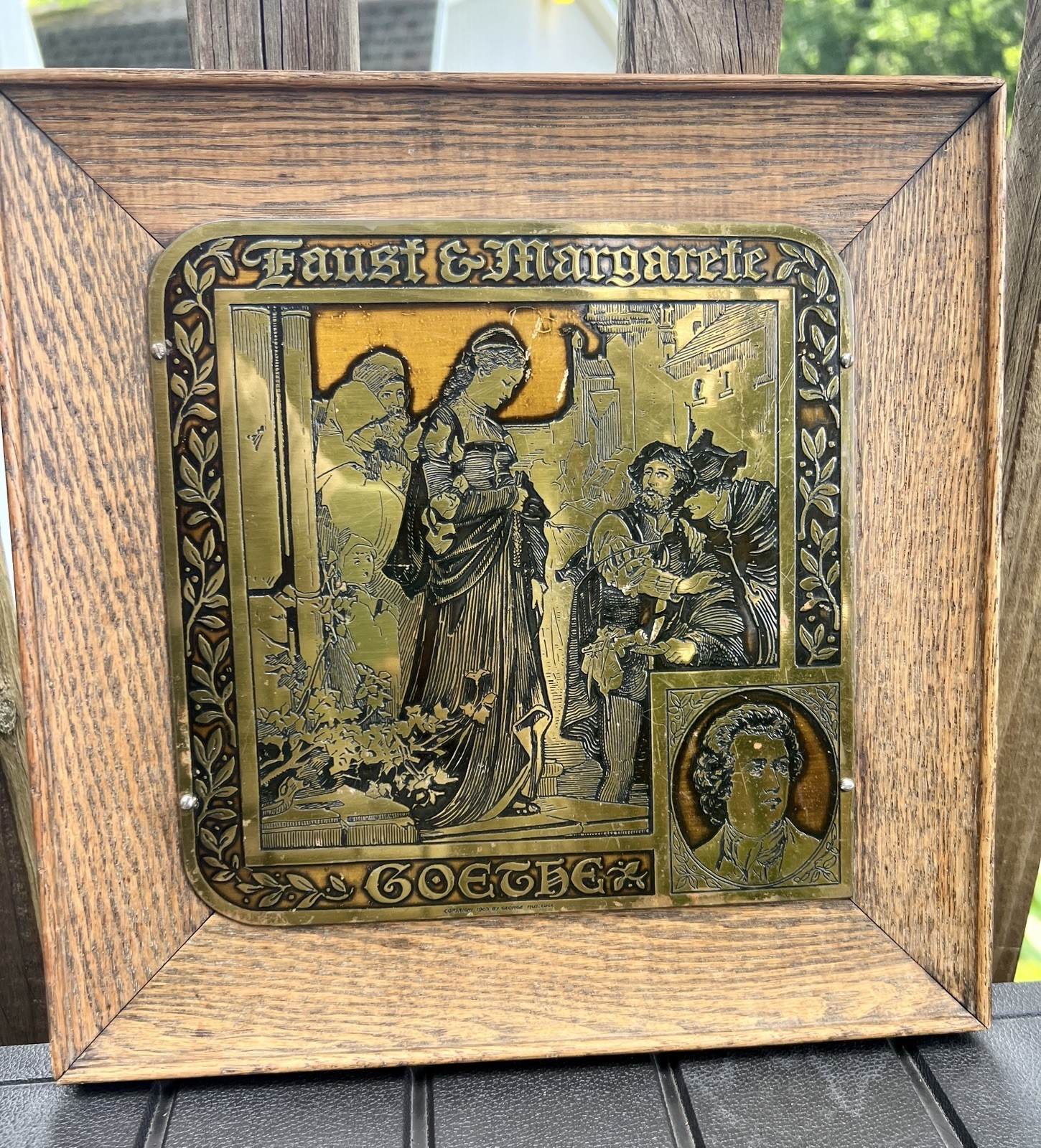 1900 Faust & Margarete Goethe Raised Relief Brass plaque And Oak Woof Antique