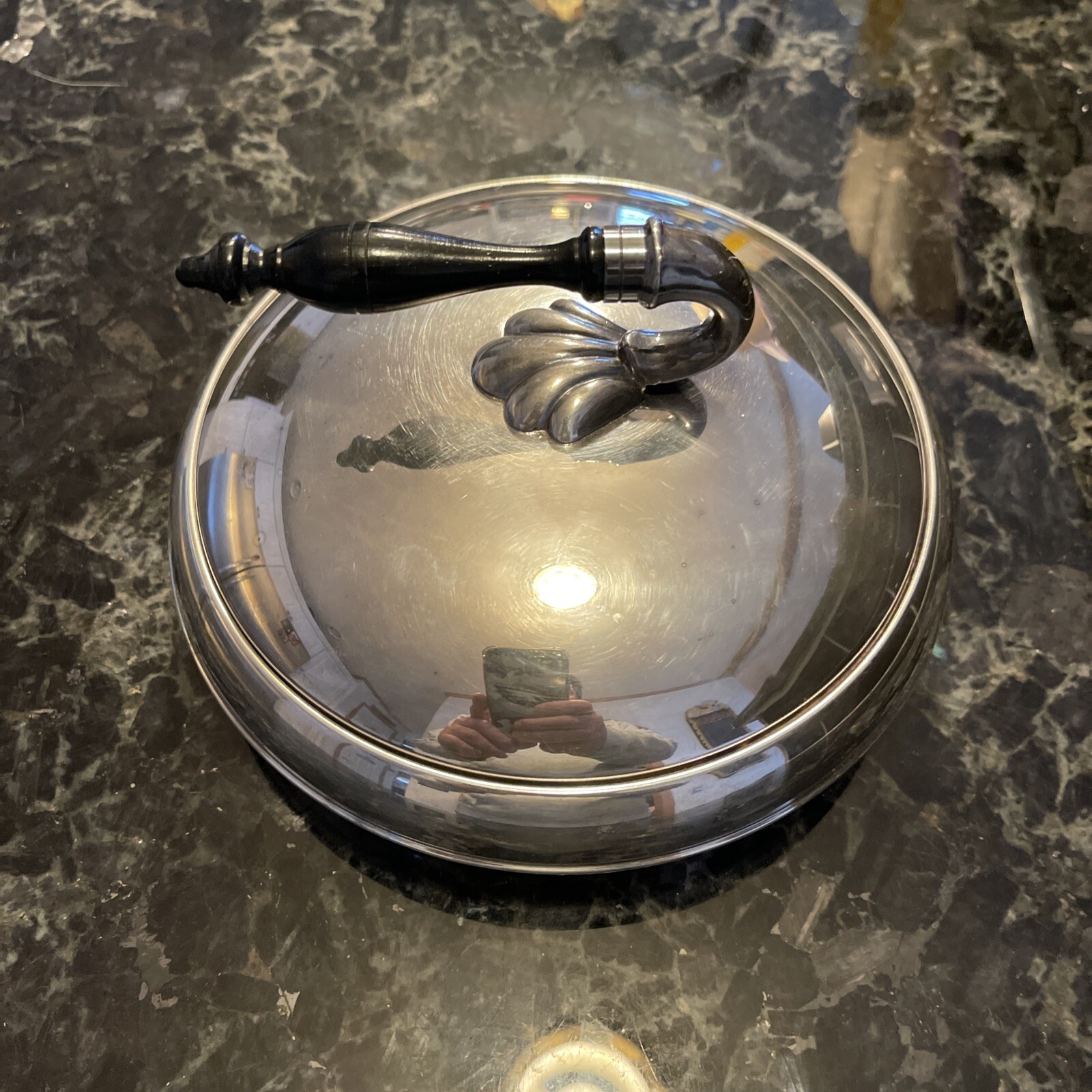 RARE Cresent Silver Plated Dish with Divided Glass Insert Wood Handle on Lid