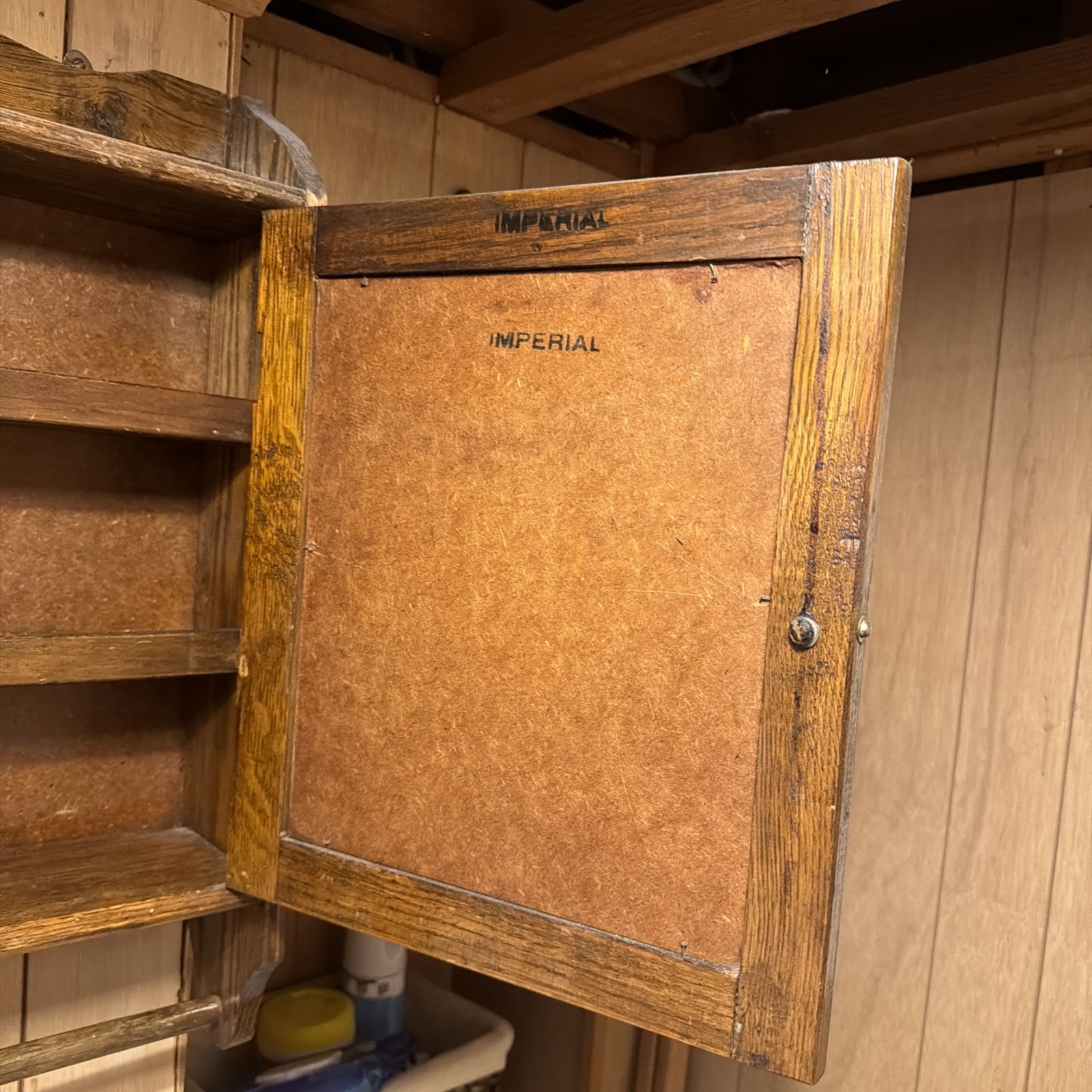 Antique Oak Bathroom Medicine Cabinet with Mirror and Towel Bar 1930s