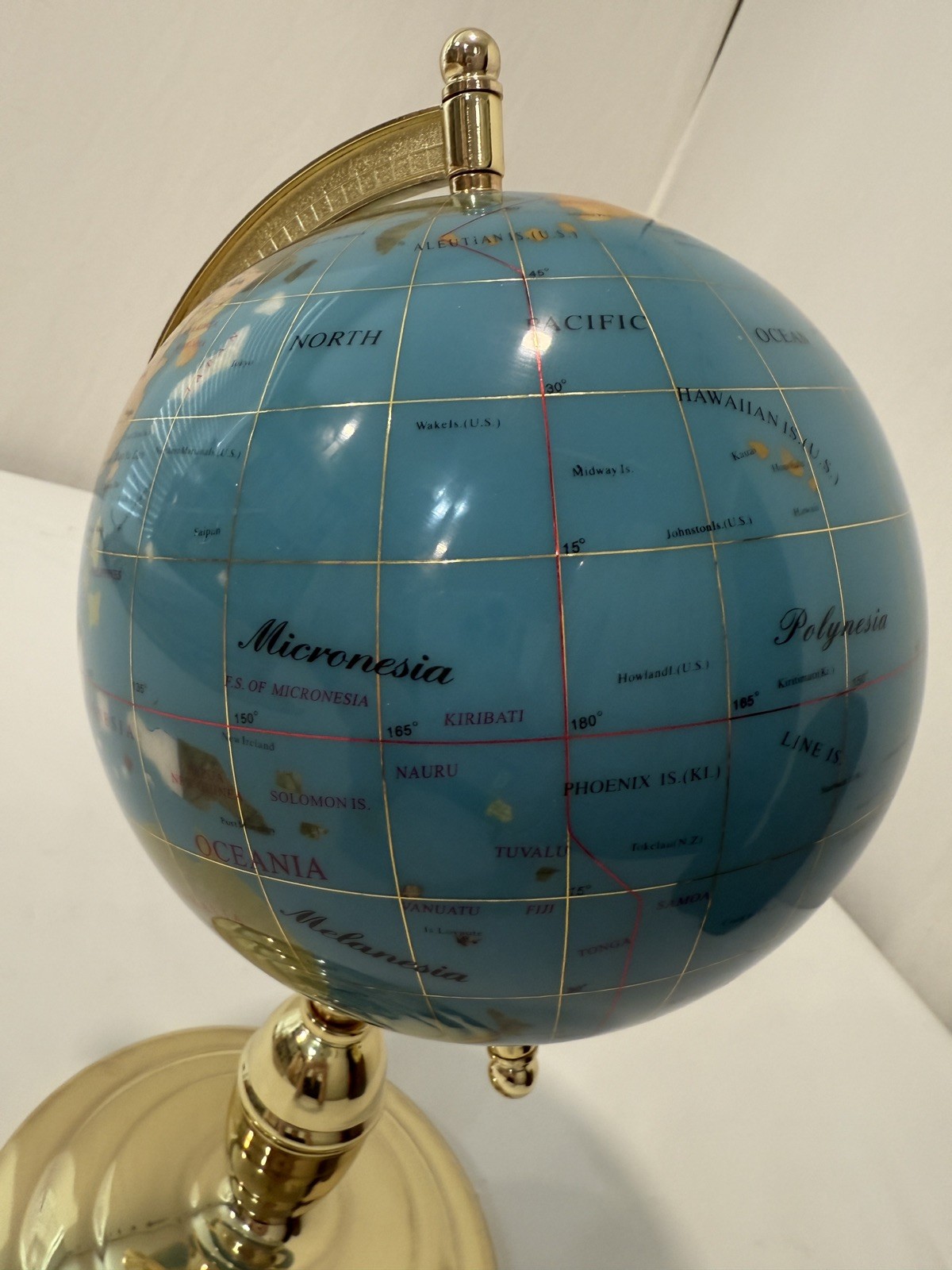 Rotating Gemstone Globe Brass Stand Cobalt Precious Stones Spins 16” Tall Office