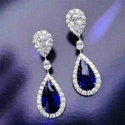 2.10Ct Pear Cut Lab Created Sapphire Fancy Drop Earrings 14K White Gold Plated