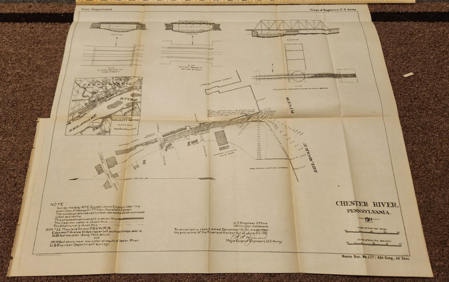 1911 CHESTER RIVER PENNSYLVANIA ENGINEERING MAP 17.75 x 20.50!