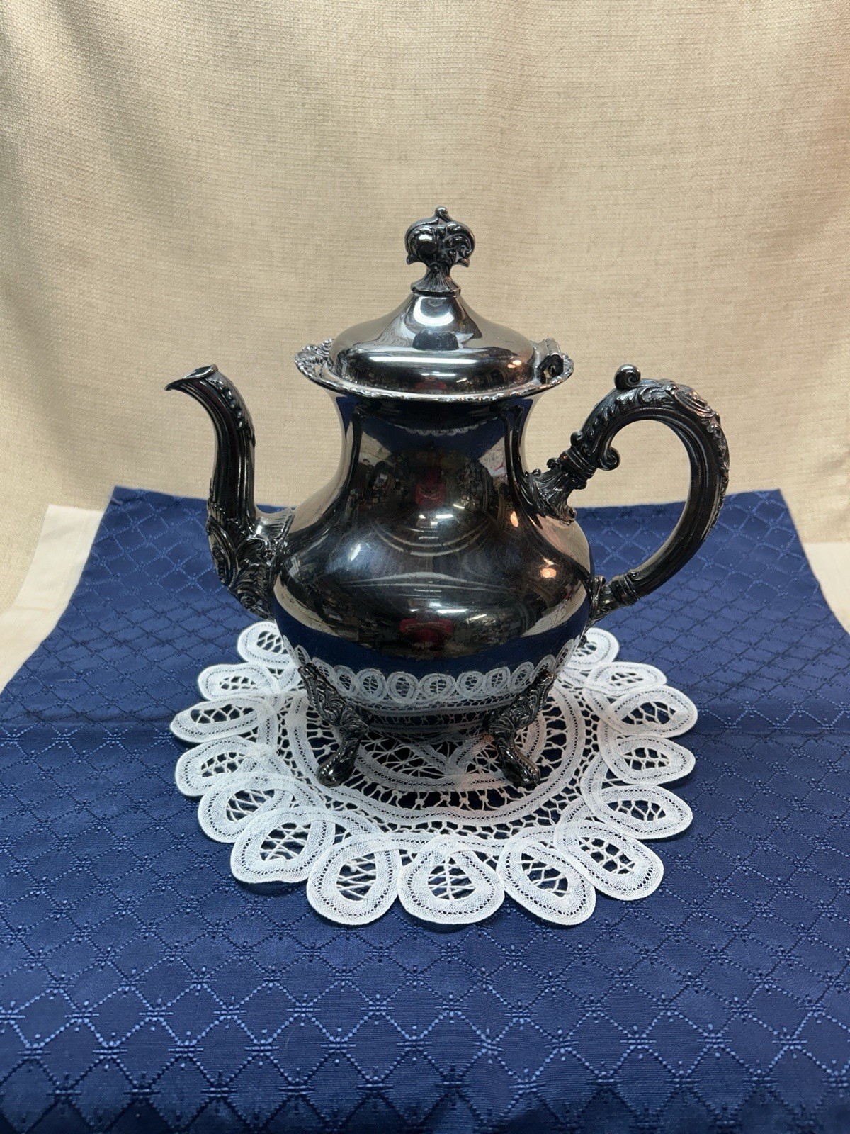Antique Van Bergh Quadruple Silver Plate Teapot, Rochester NY Ornate Scroll