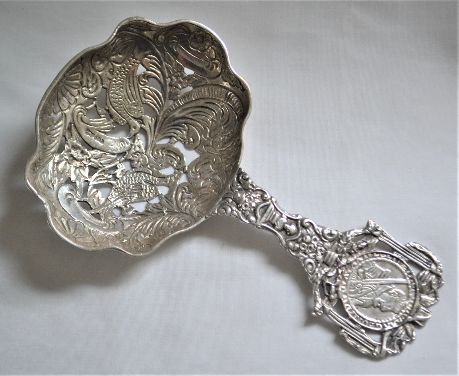 Antique German Hanau 800 Silver Caddy BonBon Spoon with Birds and Flowers