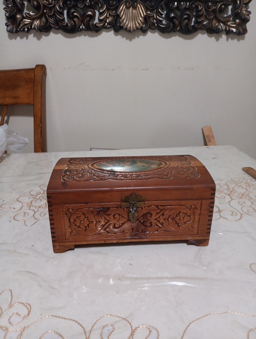 Vintage Hand Carved Jewelry Box Chest Antique. 10.5 x 6 x 5 in