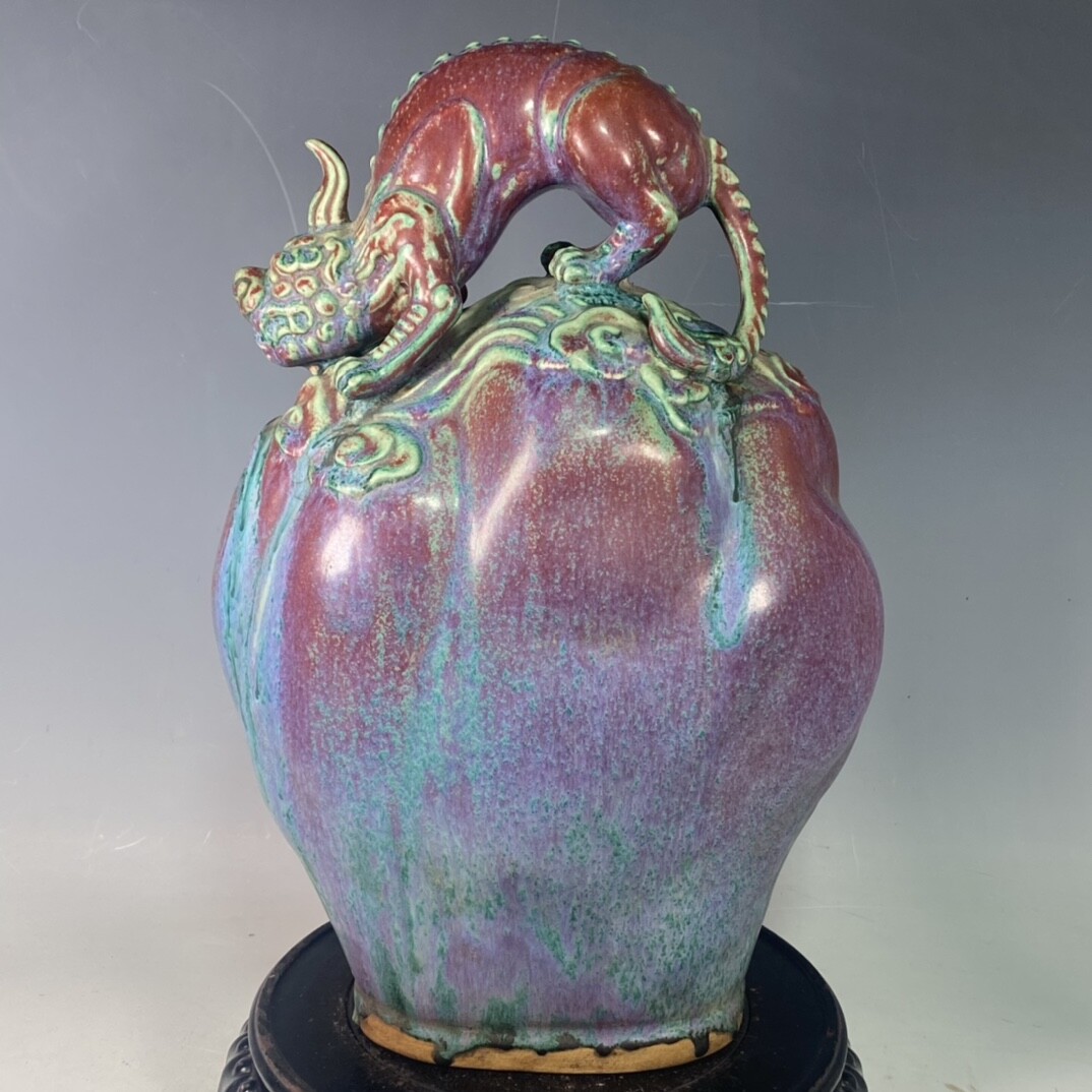 13.5″ old antique song dynasty guan kiln jun Porcelain auspicious beast statue