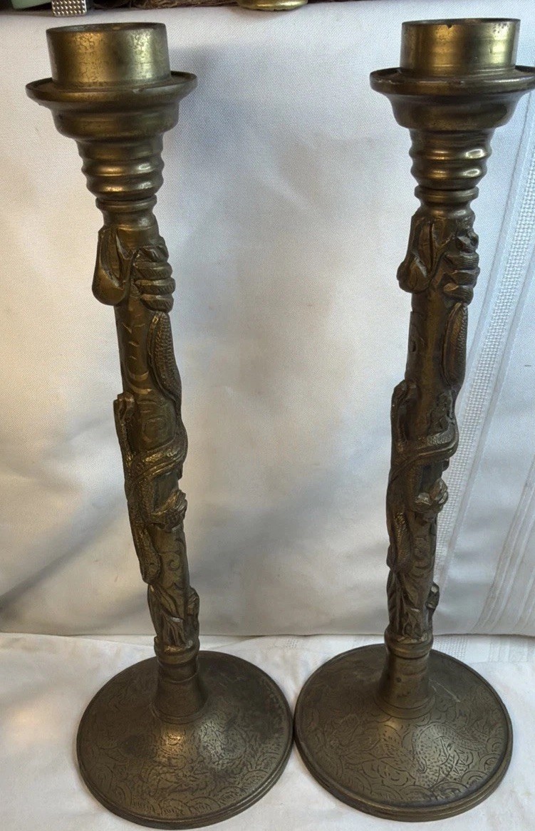PAIR Vintage CHINESE BRASS CANDLESTICKS 14 Inch DRAGON Wrapped Stem