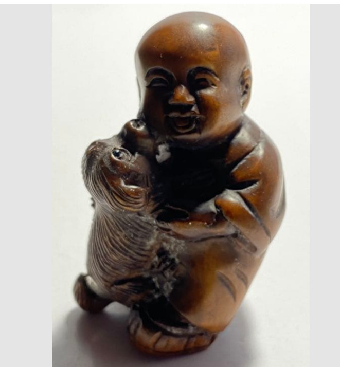 Netsuke Antique Child and Dog Japanese Hand carved Wood inro Edo Era from japan