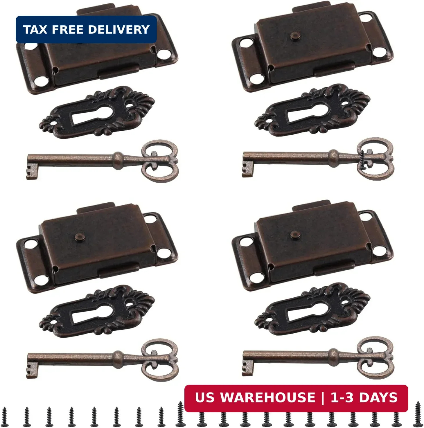 4 Sets Skeleton Key Lock Decorative Antique Red Bronze Cabinet Vintage Lock with