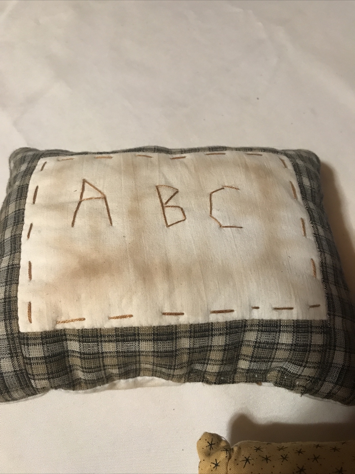 Primitive tiny Sampler Pillow Handmade Folk Art Tea Stained VTG Pillow Lot Of 3