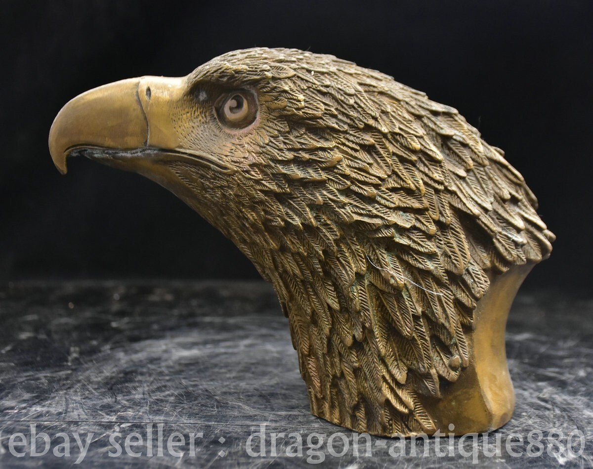 7.6″ Old China Qianlong Marked Bronze Fengshui Eagle Hawk Head Statue Sculpture