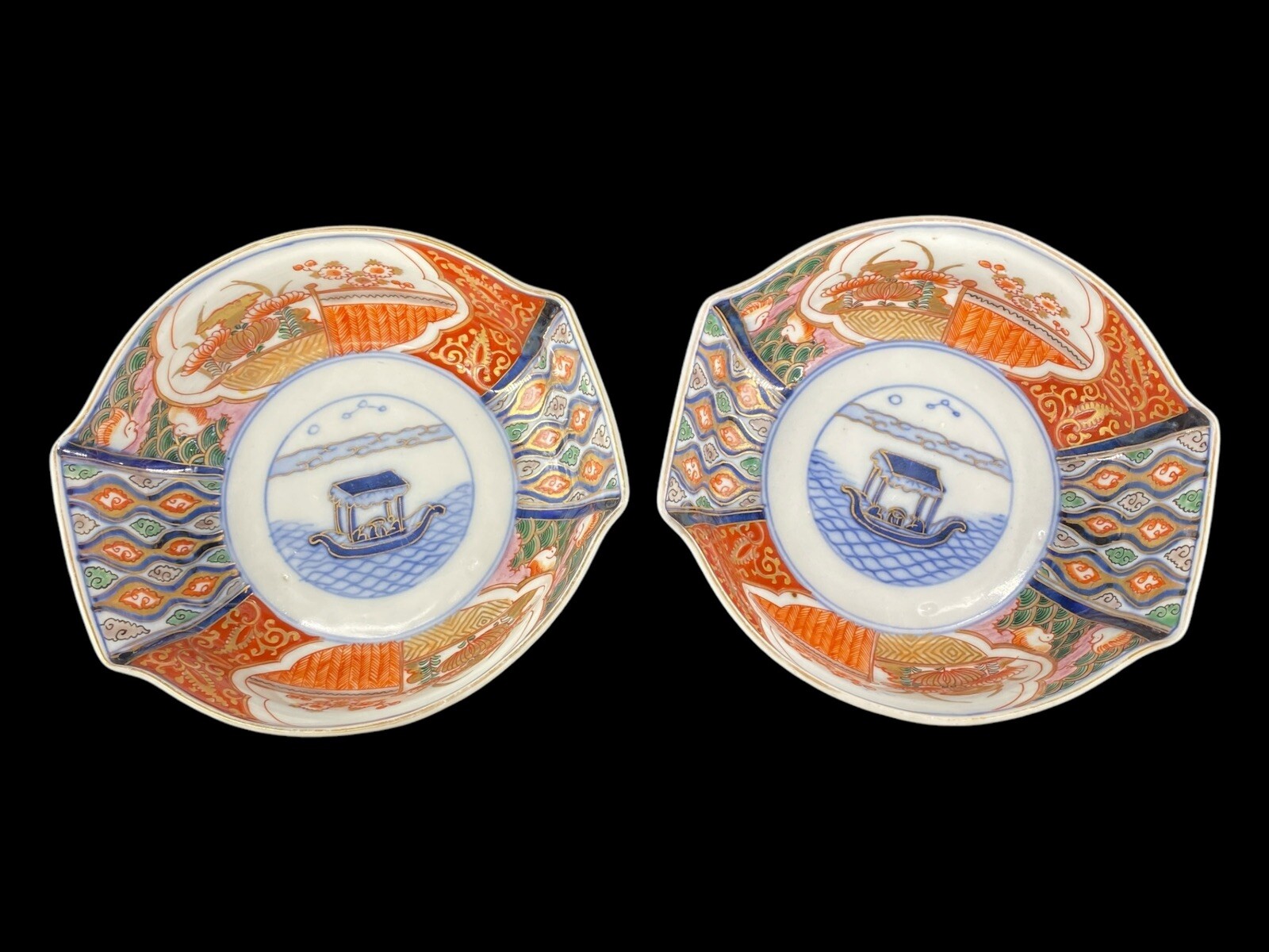 Asian Antique 19th C. Japanese Gilt Imari Porcelain Bowl Boat Seascape Scene