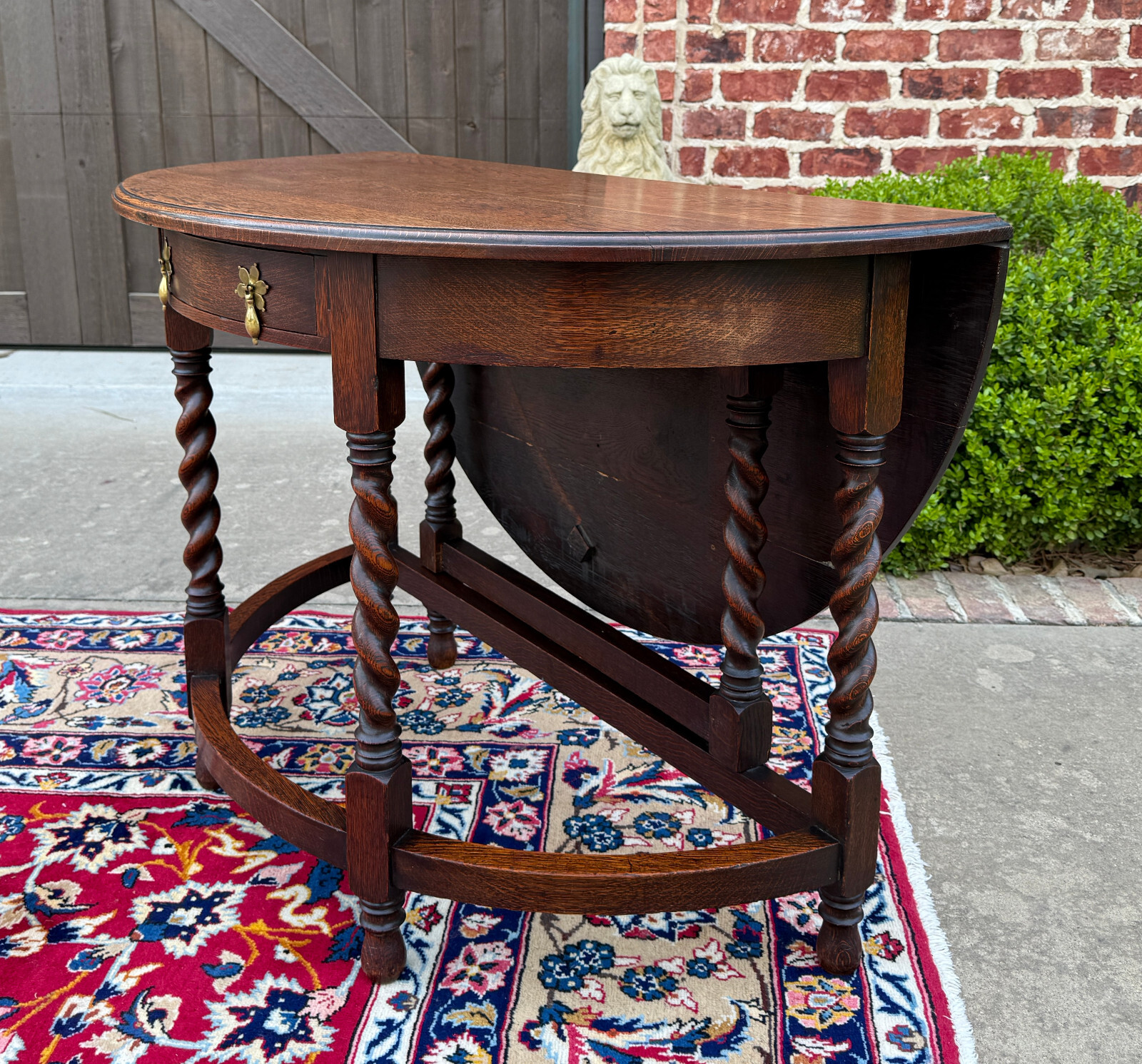 Antique English Demilune Table Drop Leaf Barley Twist w Drawer Oak ROUND 1920-30