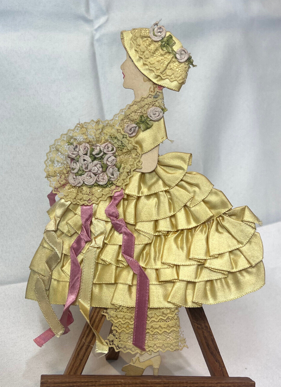 1800’s Die Cut Pattern Ruffled Fabric Dress Lady W/Bouquet Handmade Paper Doll