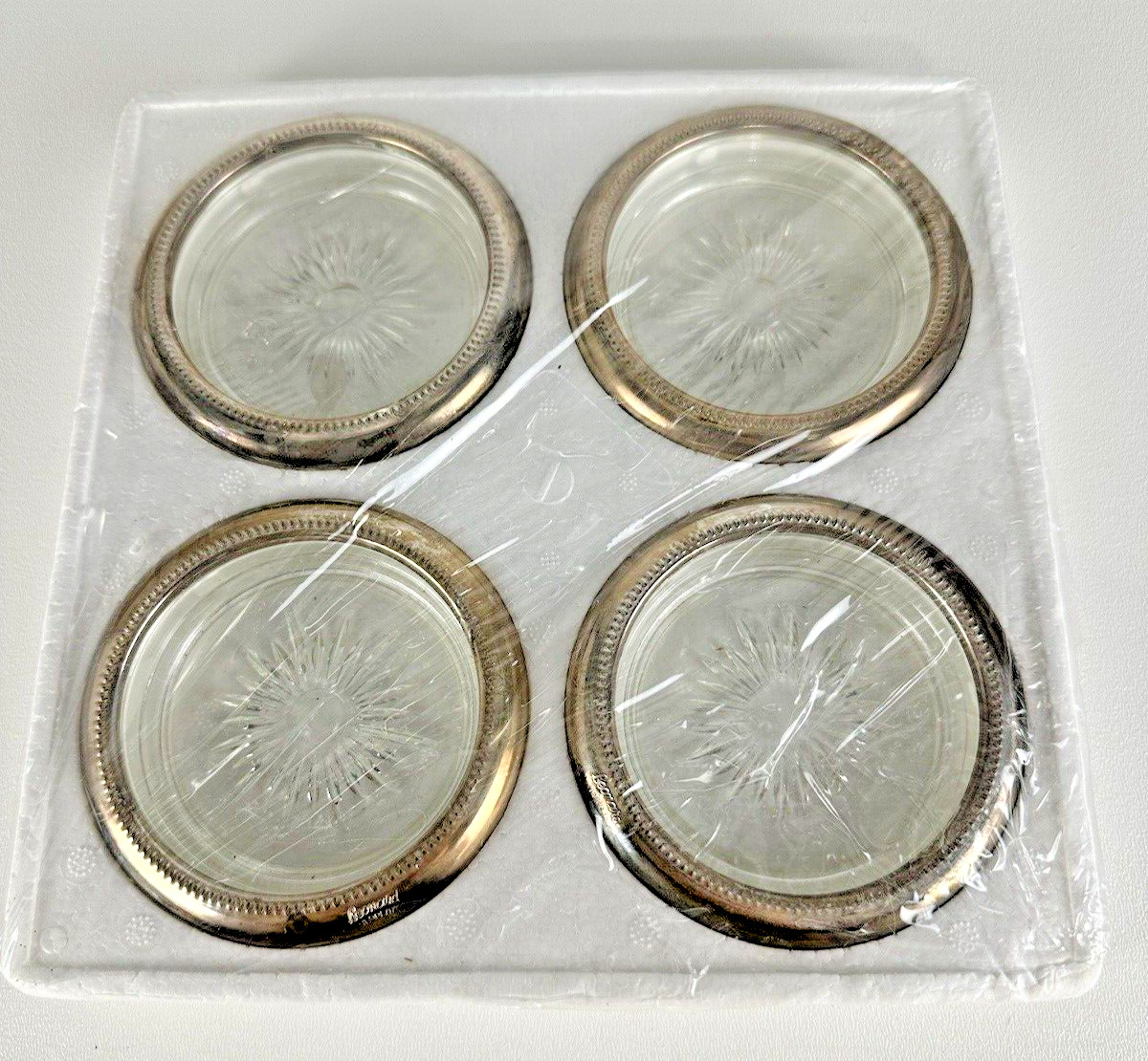Leonard Italy Crystal Silver Plated Coasters(4) Vintage Made in Italy New in Box