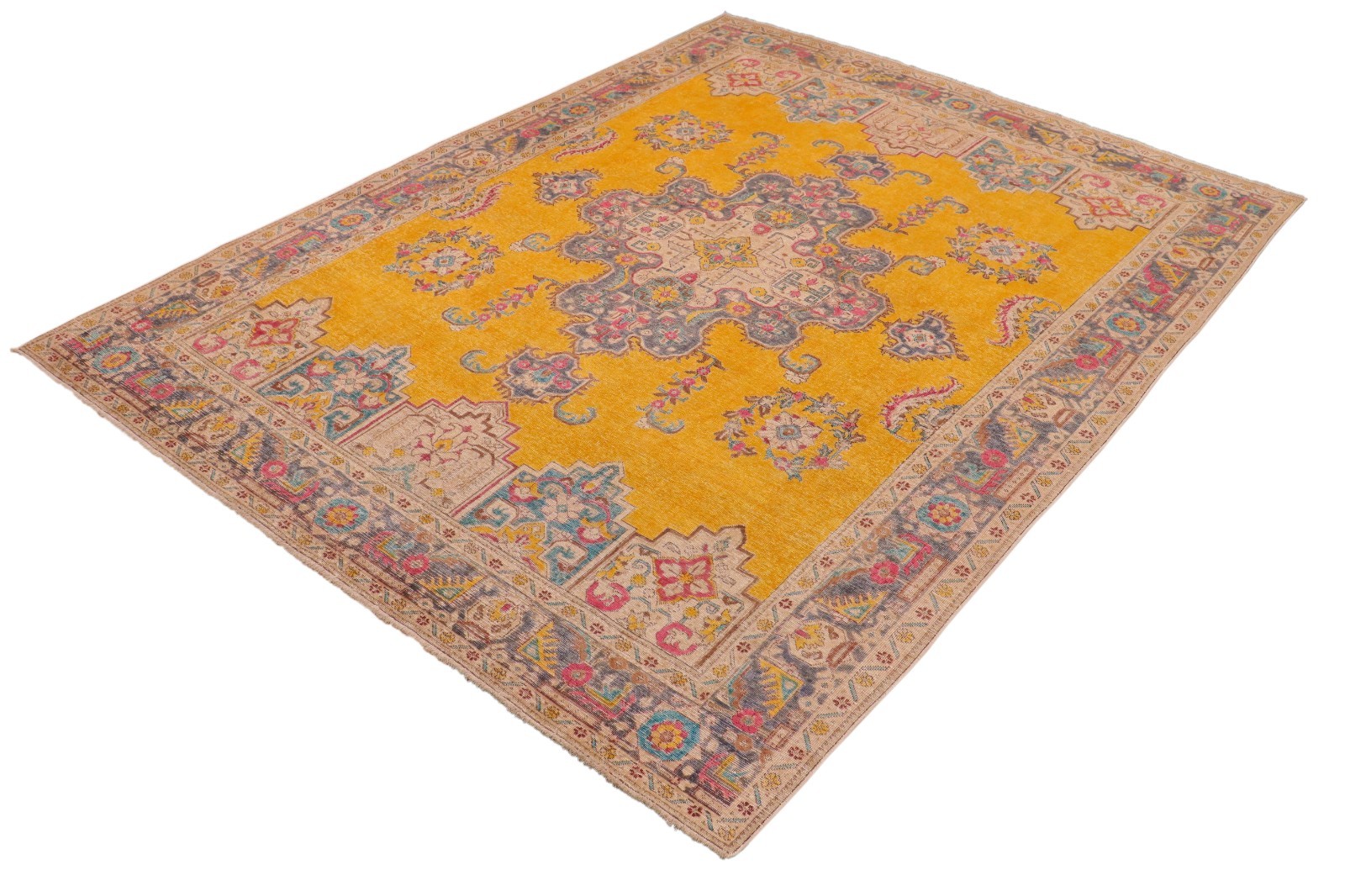 Bold Hand-Knotted Wool Area Rug – Saffron Yellow & Gray Medallion 9’10” x 12’7″