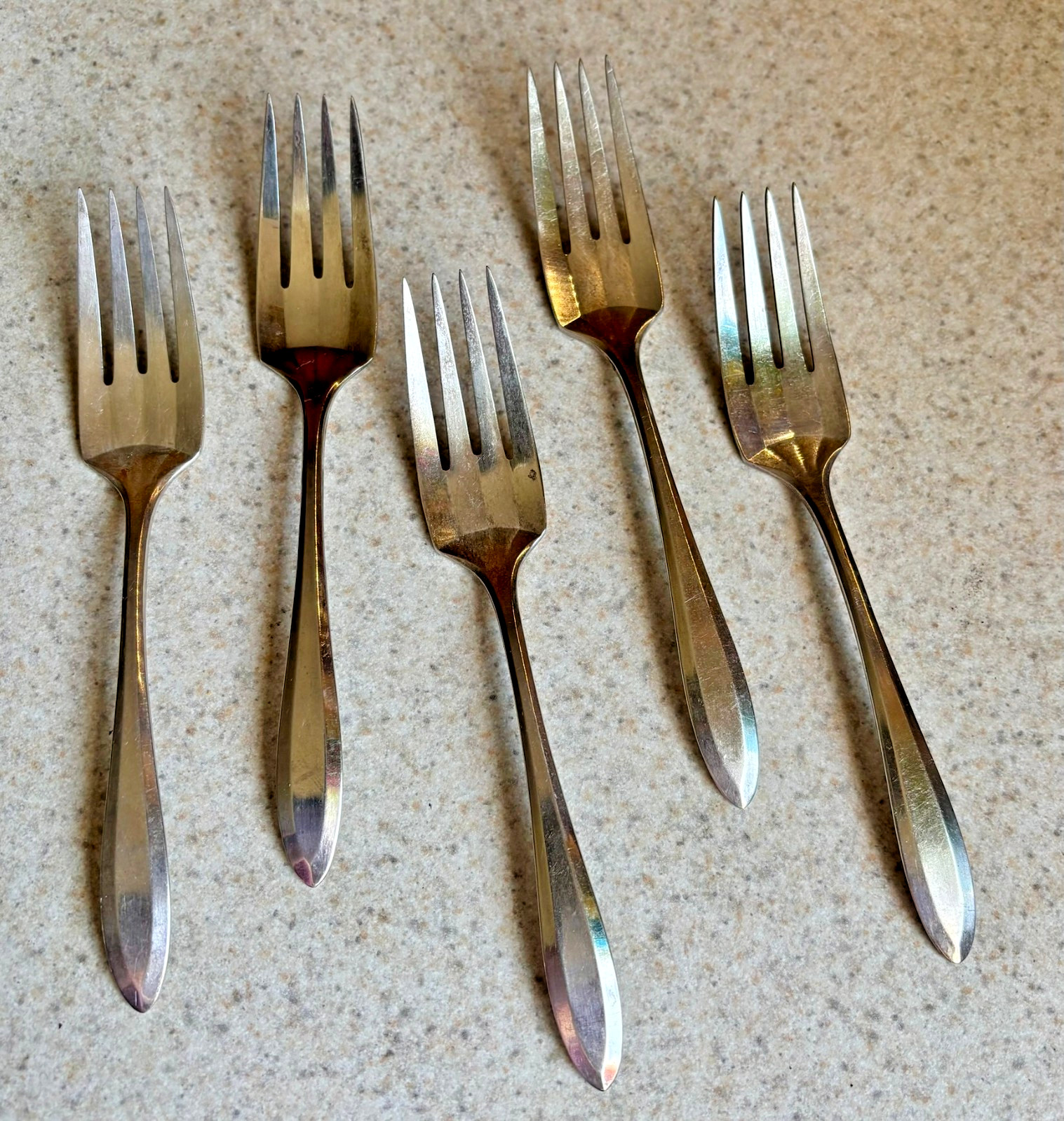 (5) Oneida Patrician Salad Forks, Community Plate 6 1/8 inches 1914