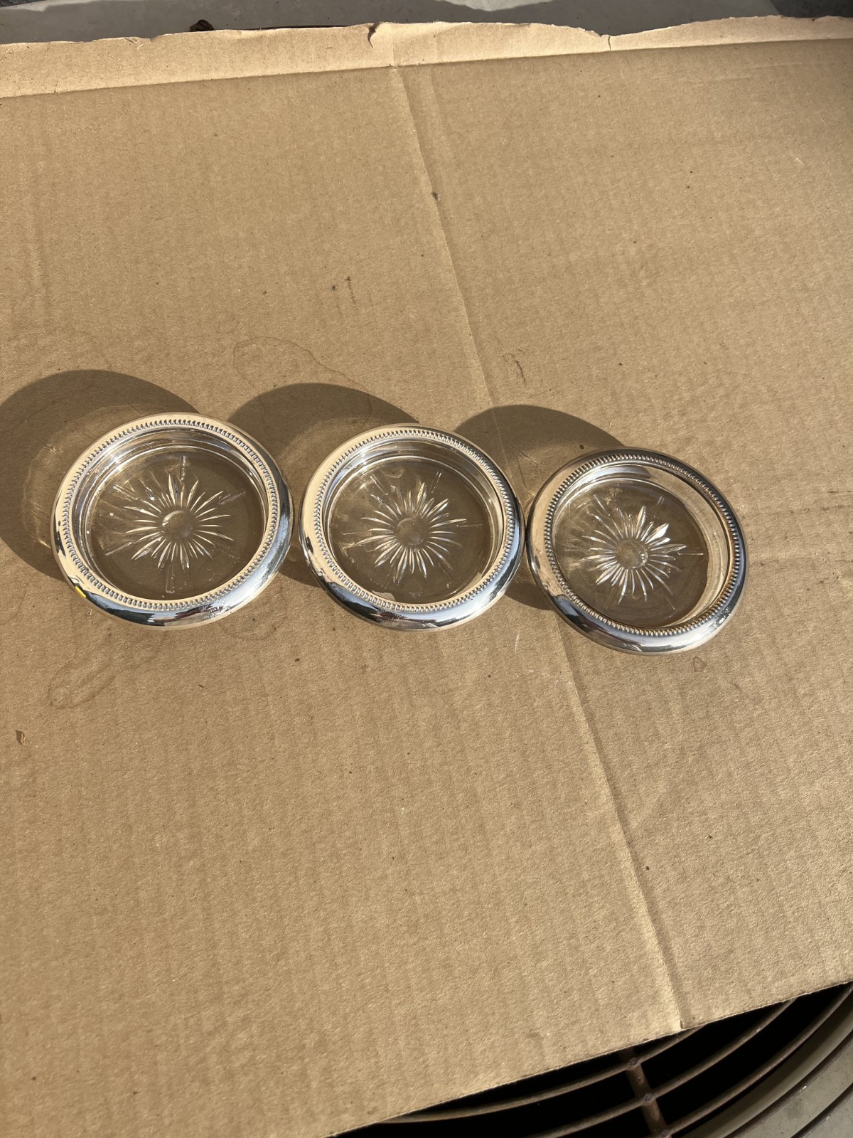 Vintage Leonard Italy Silver Plated Crystal Coaster/Ashtray 3″ Set of 3
