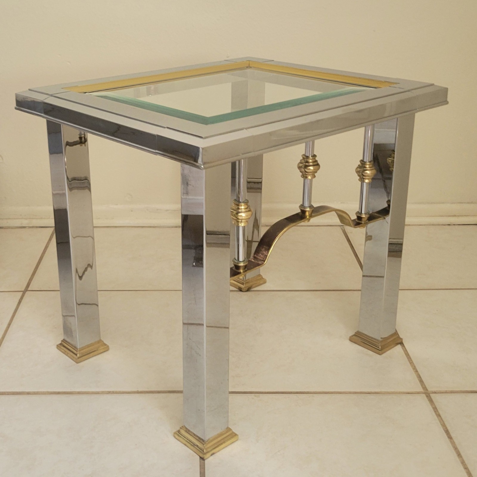 Vntg Mastercraft Style Chrome Brass Glass End Table Hollywood Regency MCM Side