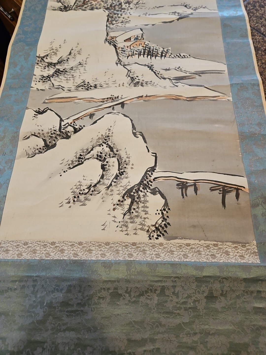 Oriental Hanging Scroll Hand Painted Mountains House Signed Vintage 78×21 Inches