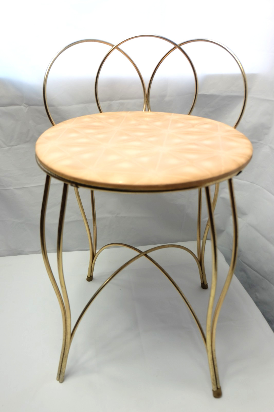 PEARL-WICK Vanity Chair Pinkish Vinyl Gold Frame Hollywood Regency MCM Stool