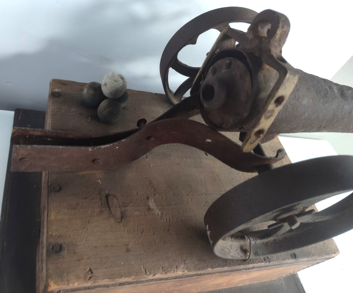 Unique 19th C. Primitive Hand Made Metal Folk Art Cannon on Wooden Crate Base