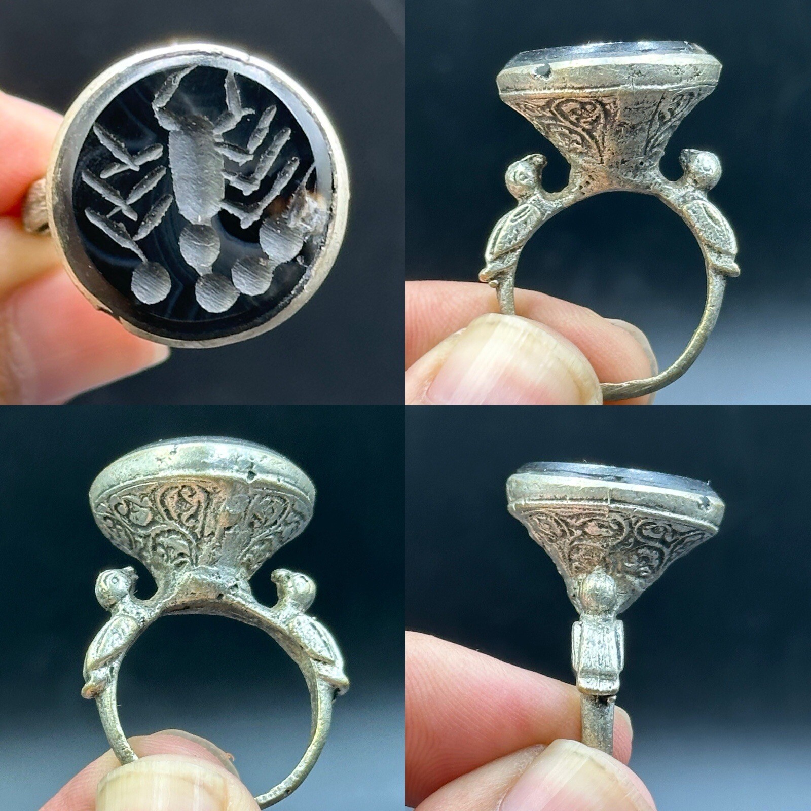 Very Unique Ancient Roman Rare onyx Stone Scorpion Intaglio Bird Design ring