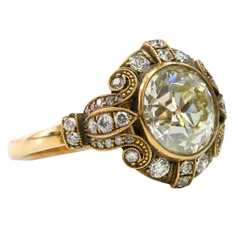 Vintage Art Deco Old European Lab Created Diamond Wedding 14K Gold Plated Ring