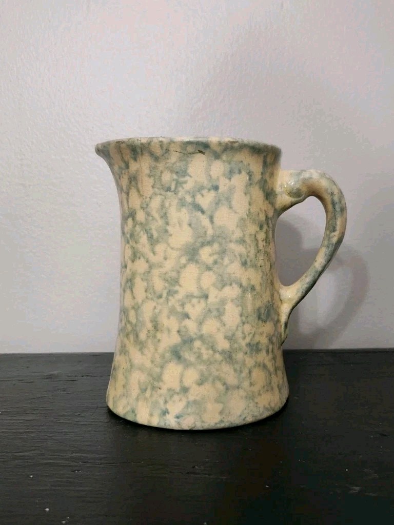 Antique Stoneware Yellow & Green Spongeware Pitcher Pottery