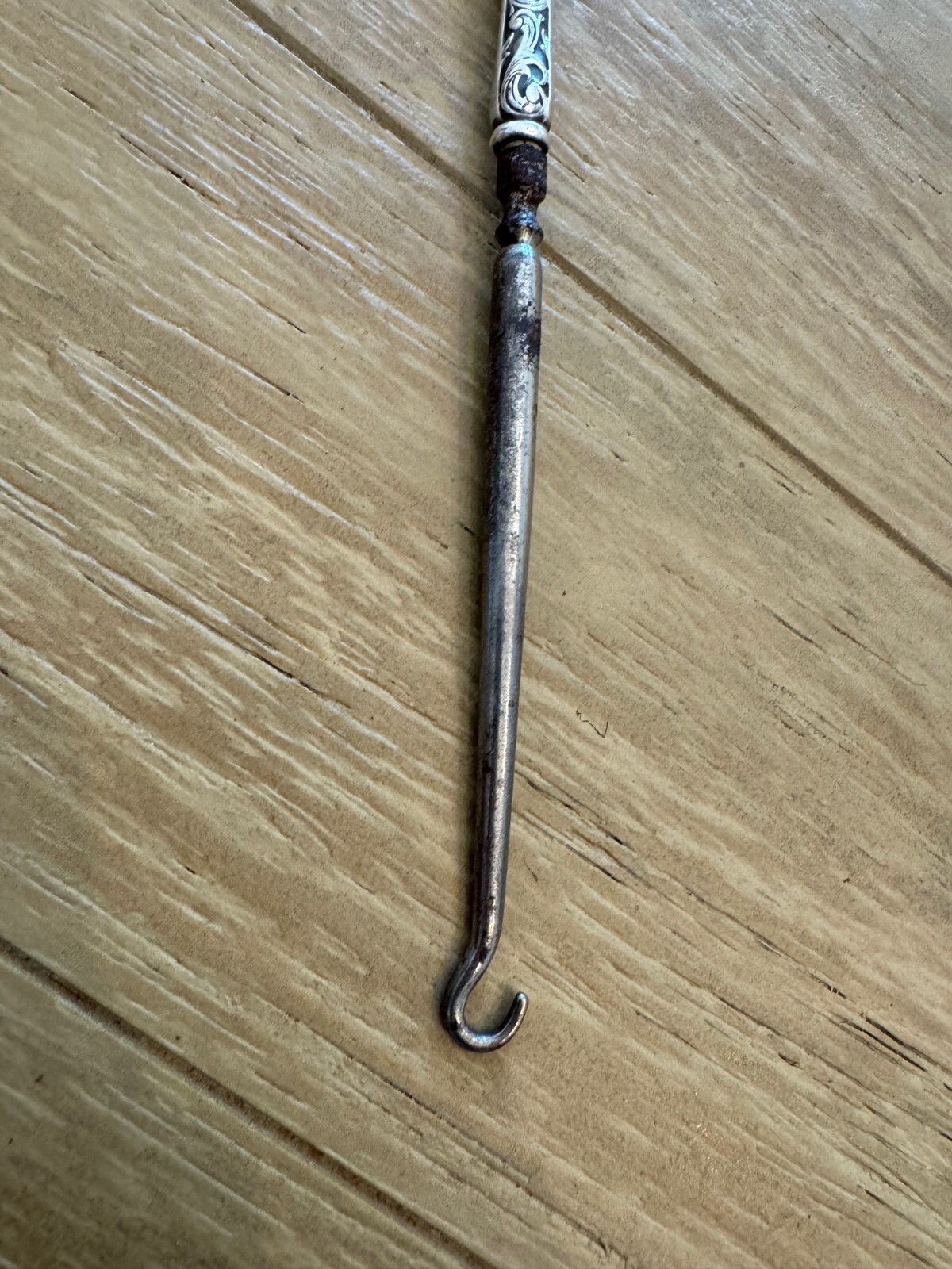 Antique Sterling Silver Handle Button Hook Engraved Floral Scrolling Design