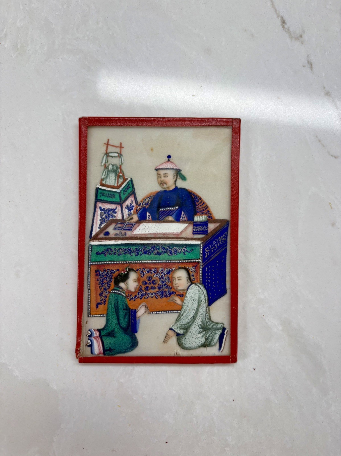 C19th Authentic Chinese Pith Paper Painting Mounted in Glass Frame, Court