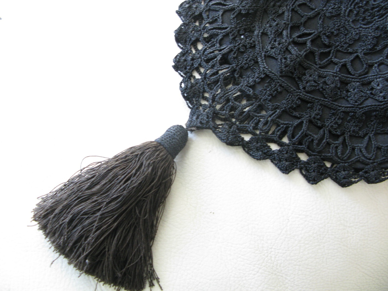 Antique Silver Lucite Marble Frame Black Crochet Tassel Large Purse