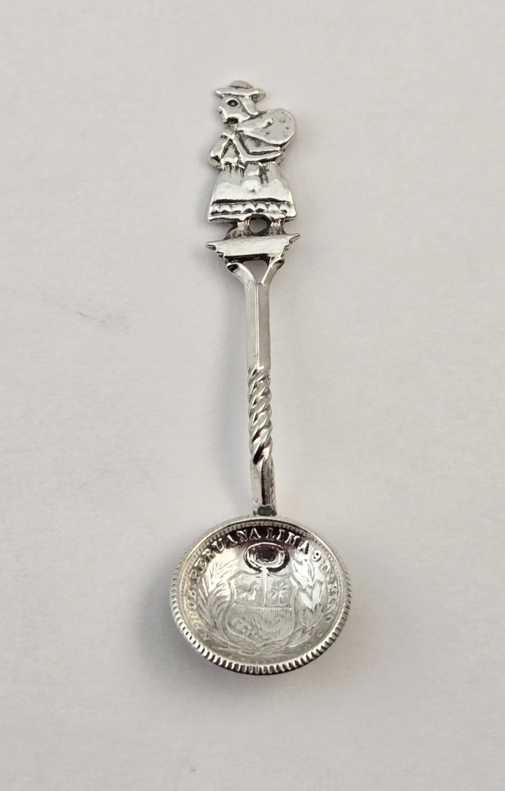 Vintage Sterling Silver Peru 1/2 Sol Coin Figural Woman Demitasse Spoon – 2.6g