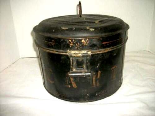 1800s Americana Tole Primitive Cake Box Tin Gold Stencil Dinged Aged Wonderful