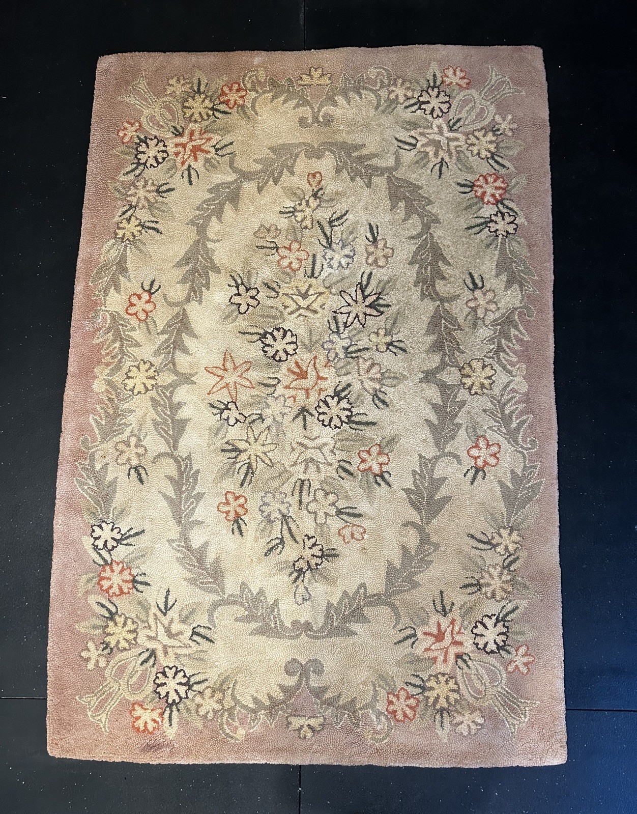 Antique American Dusty Rose, Neutral Browns Floral Hooked Rug 4″ x 6″