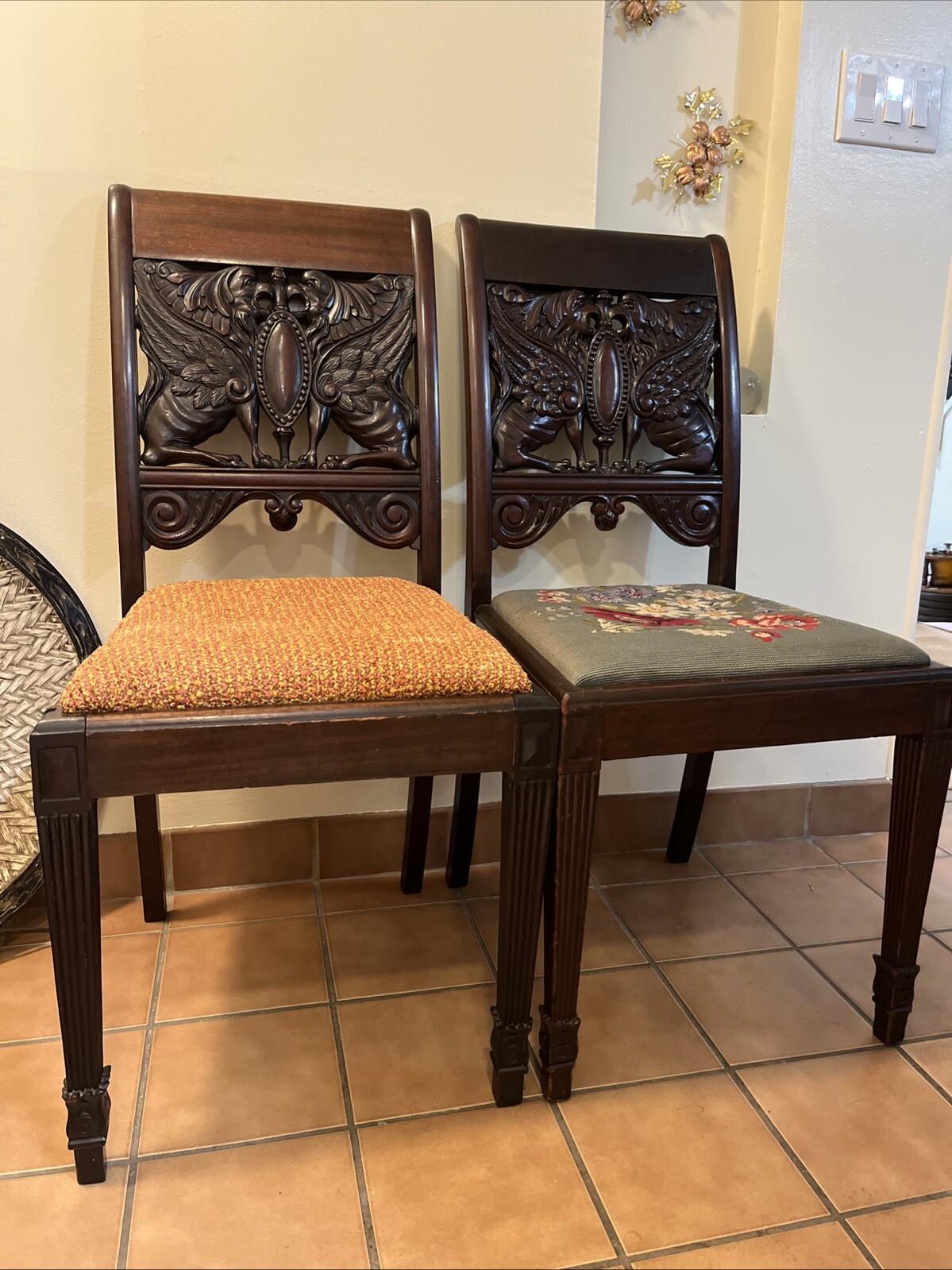 Antique Victorian Renaissance Carved Winged Griffin Pair Of Chairs