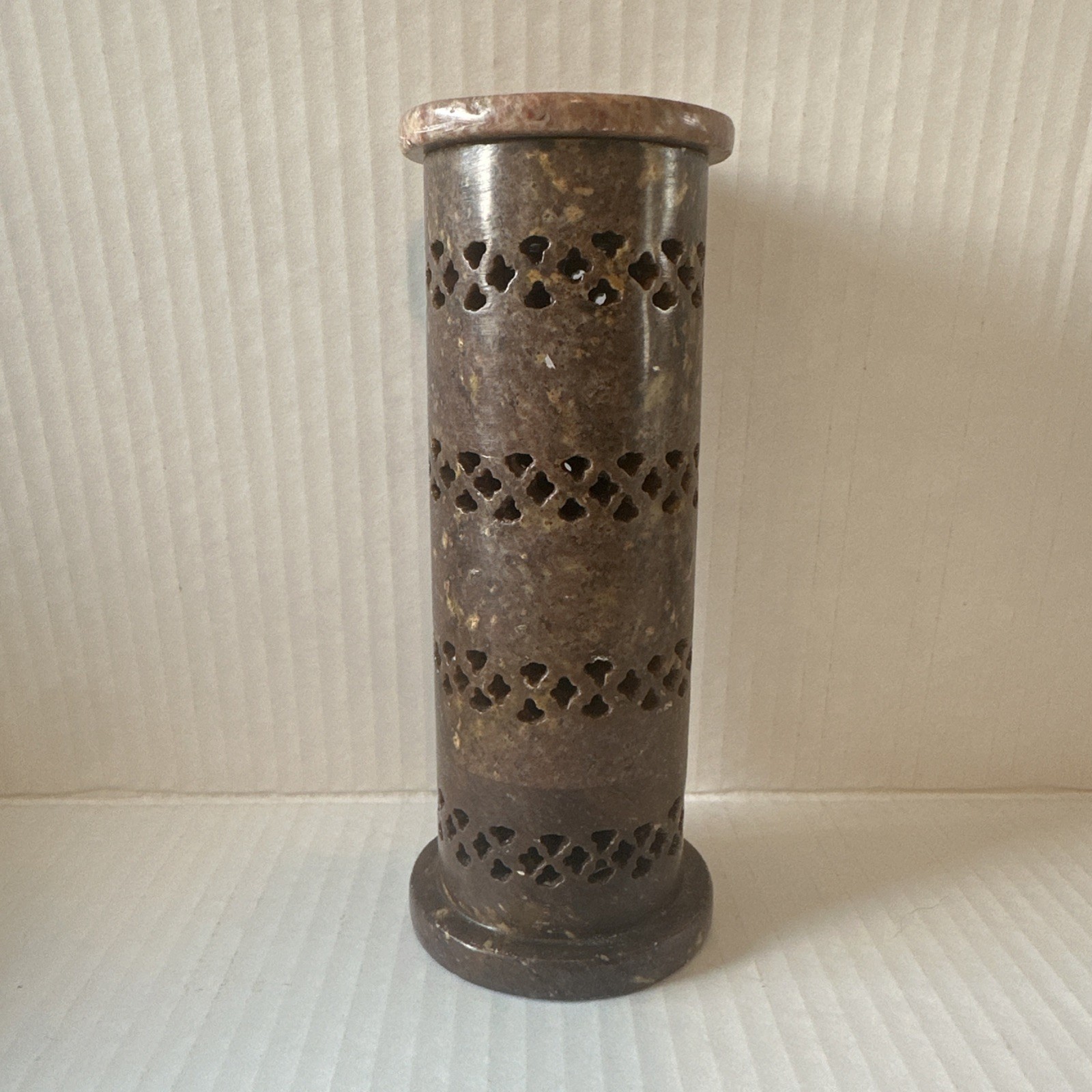 Interictally Carved Soapstone Incense Burner 6.25″ tall with lid.