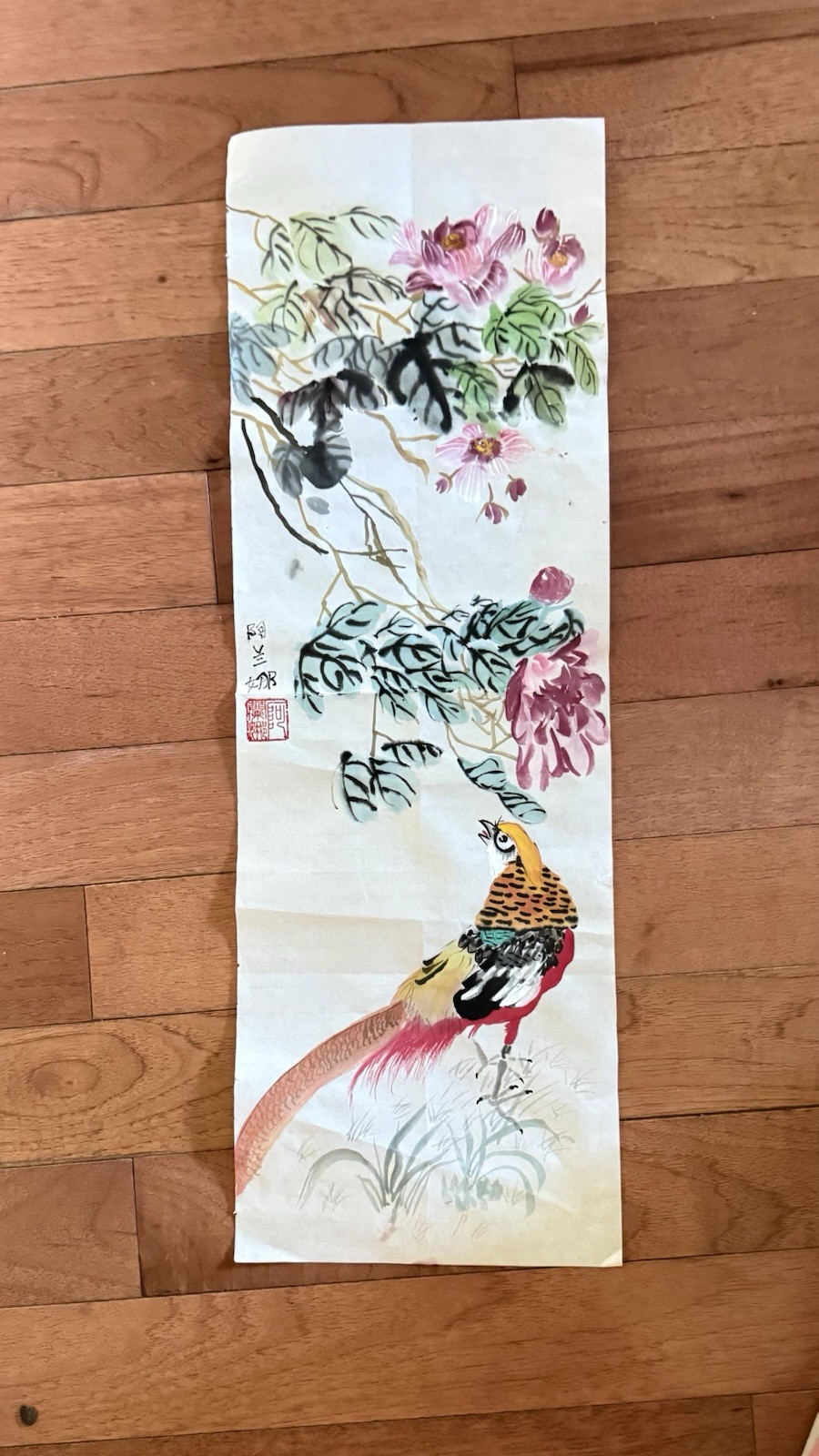 Vintage Chinese Hand Painted Peony & Pheasant Scroll