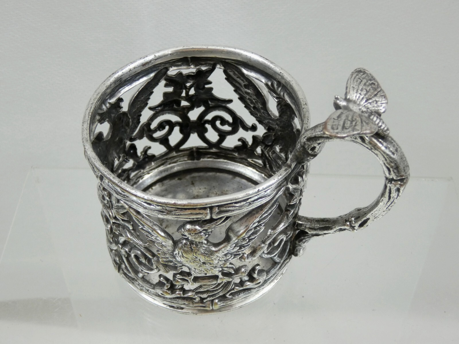 SUPERB ANTIQUE SILVER PLATED BRONZE TEA GLASS HOLDER PODSTAKANNIK Poland Warsaw