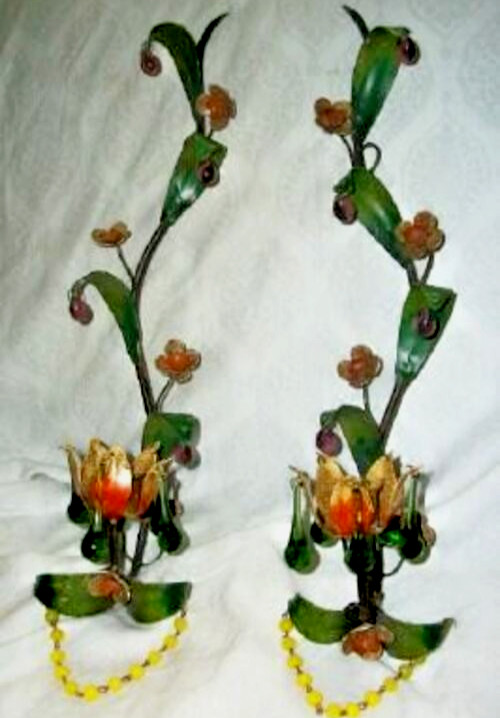 Italian Tole Sconces Murano Glass Prisms Teardrops Grapes Opaline Macaroni Beads