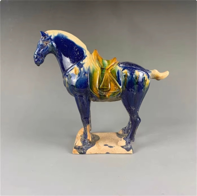 9″ Chinese Tang Tri-Color Glazed Ceramics Blue War Horse Porcelain Statue Gift