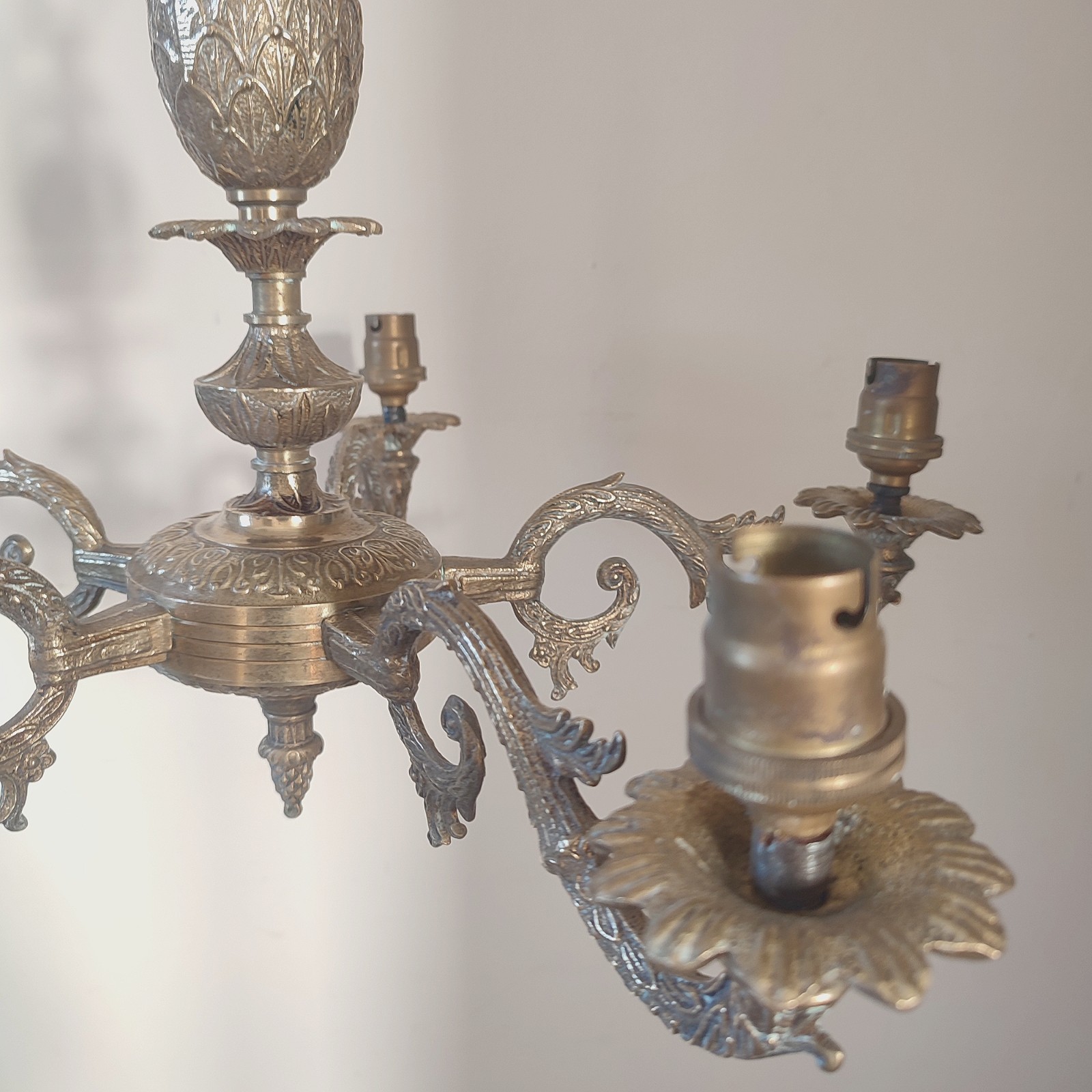 Antique Brass Five-Arm Chandelier – Ornate Rococo Revival Ceiling Light (c.1900)