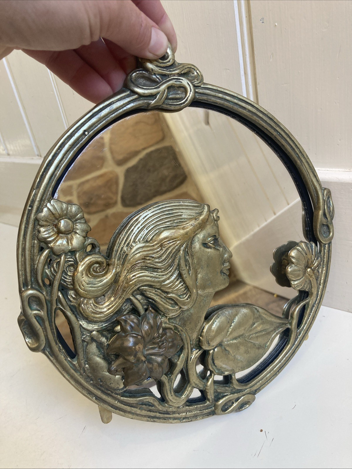 Brass Wall Mirror Vintage Art Nouveau Style with Woman and Floral Detail