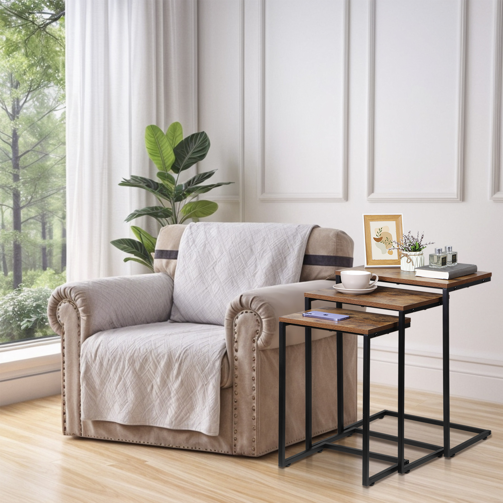 Stackable End Table Brown C-shaped Coffee Nesting Table Set of 3 w/Metal Frame