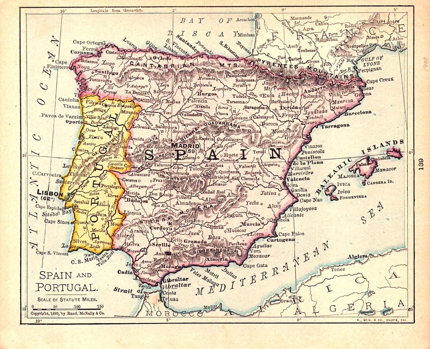 “SPAIN & PORTUGAL” Antique original map 1900